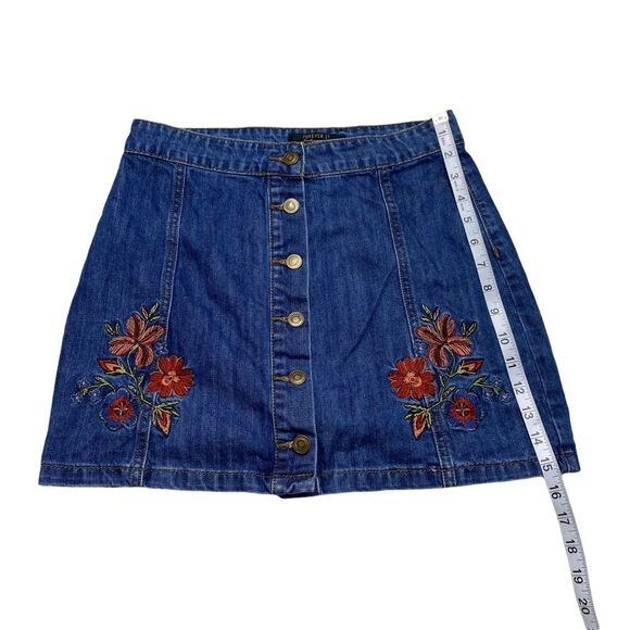 Forever 21 Floral Embroidered Button Front Denim Bohemian Mini Skirt Sz M - Picture 7 of 11
